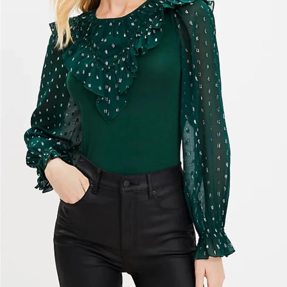 Loft
Shimmer Dotted Ruffle Yoke Mixed Media Top Sz L - Picture 2 of 11